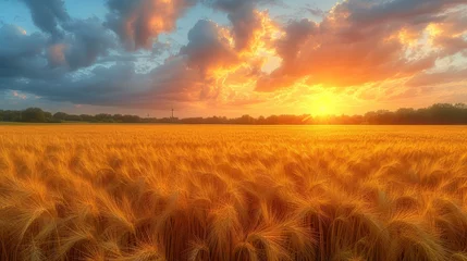 Selbstklebende Fototapeten a field of wheat at sunset with the sun shining through the clouds and the sun shining down on the horizon. © Mikus