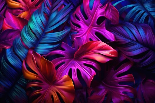 Tropical leaves in neon colors on black background. Banner design
