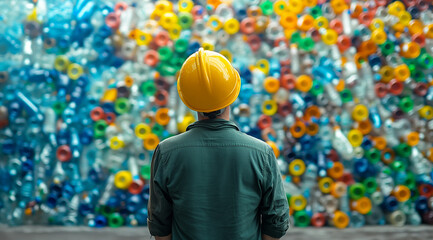 Individual Surrounded by Stacked Plastic Lids in Recycling Plant, emphasizing waste management strategies, ideal for educational infographics and presentations