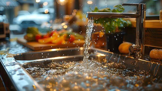 The metal kitchen sink and tap water create a sense of harmony and balance in the culinary space.