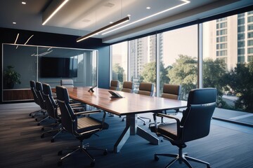 modern corporate conference room, captured in a high-quality photograph, showcasing an empty interior with polished surfaces, ergonomic chairs, and a large conference table