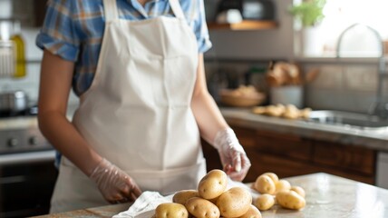 cooking potatoes on table in kitchen with plain apron