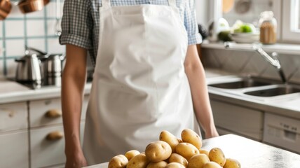 cooking potatoes on table in kitchen with plain apron