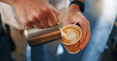 Latte art, coffee shop and hands pouring cup for take away with barista, small business and...