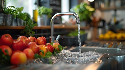 The metal kitchen sink and tap water create a sense of harmony and balance in the culinary space.