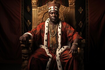 African king seated on a majestic throne, surrounded by intricate traditional regalia, symbolizing authority and heritage, the rich textures and patterns of the king's attire blending