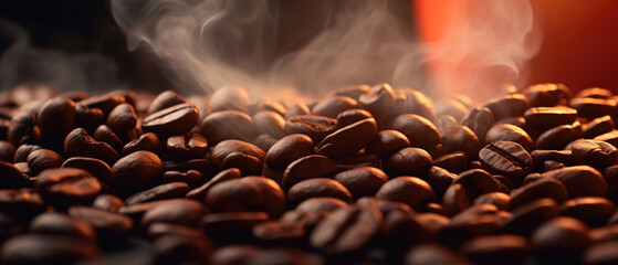 Roasted coffee beans emanate a fragrant aroma, with wisps of steam rising against a dark, moody background.	
 - obrazy, fototapety, plakaty