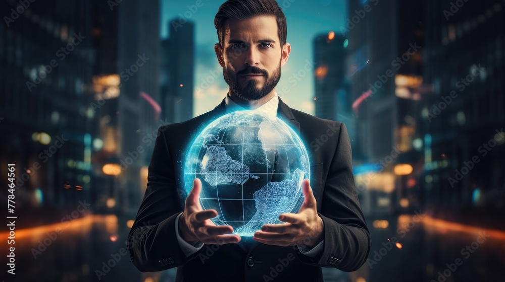 Aufkleber businessman holding a virtual globe of Earth holographically, symbolizing global business awareness and connectivity, the holographic projection adding a futuristic and tech-savvy element