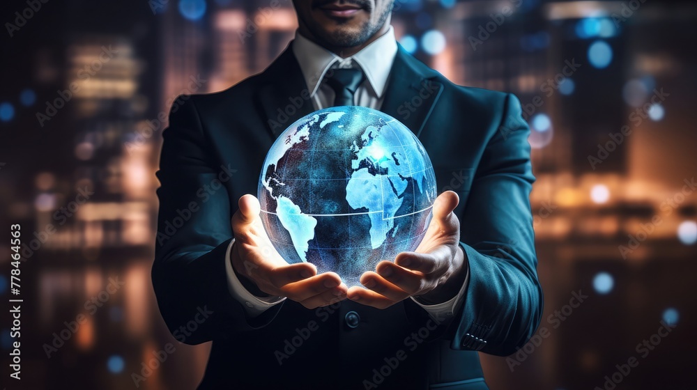 Poster businessman holding a virtual globe of earth holographically, symbolizing global business awareness 