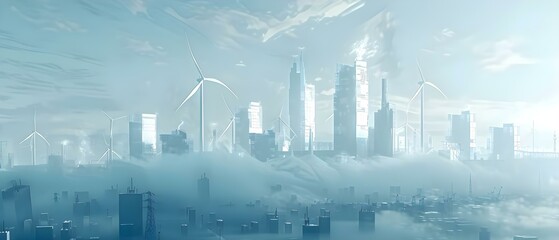 Eco-Futuristic Cityscape: Harmony of Wind Energy and Skyscrapers. Concept Eco-Friendly Architecture, Sustainable Urban Design, Green Technology, Renewable Energy Integration, Modern City Planning