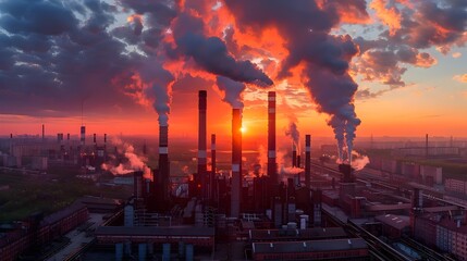 Aerial view of an industrial area with large chimneys belching smoke at sunset. Conceptual image of industry and the environment - obrazy, fototapety, plakaty