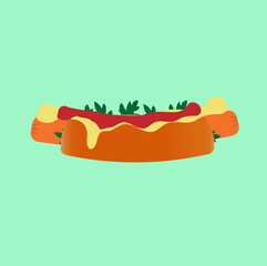 Hotdog, food, delicious, sausage, bun, kutchup, mustard, greens, hot