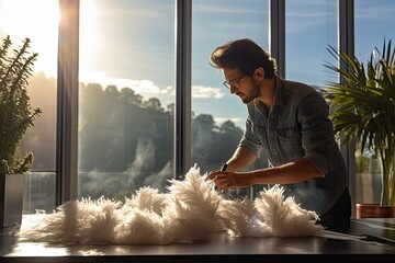 man cleaning an office space with meticulous attention, using a feather duster to gently remove dust from surfaces, the morning sunlight streaming through the windows