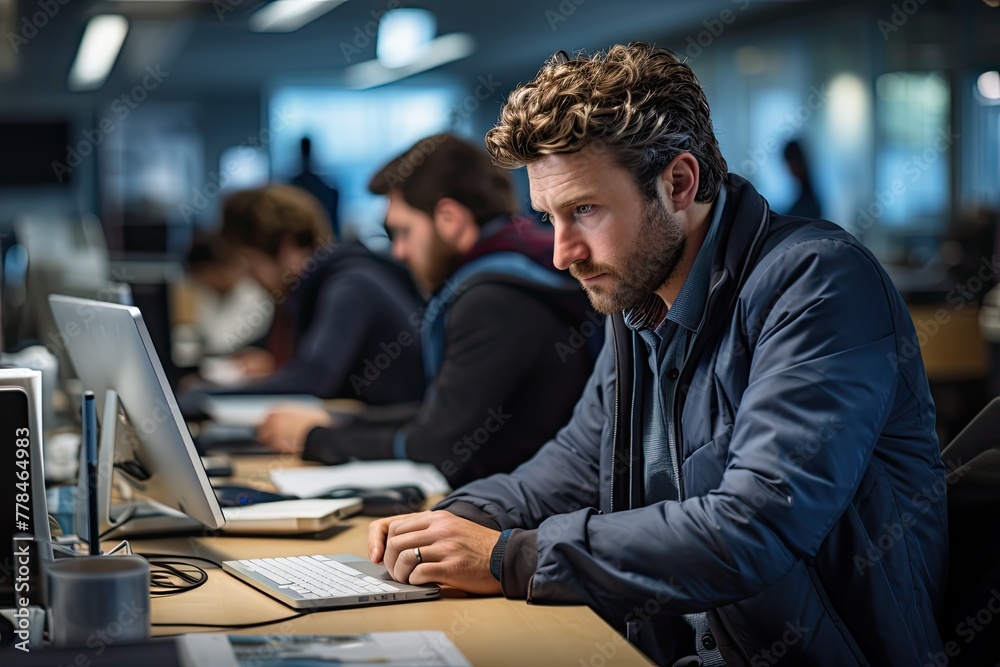 Aufkleber focused individual within a collaborative group project, surrounded by a bustling office environment