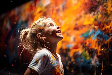 girl painting a wall with bold and expressive strokes, the colors of the paint and the determination on her face creating an engaging visual narrative