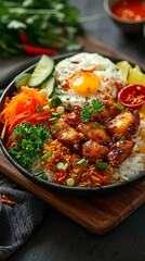 Indonesian Nasi Goreng with Halal Chicken, Delicious food style, Horizontal top view from above