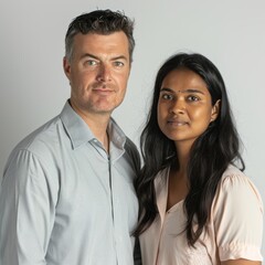 a white man and an Indian woman, corporate photo, looking away from the camera, studio shot,