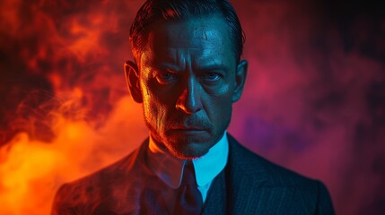 a man in a suit and tie standing in front of a red and blue smoke filled background and looking at the camera.