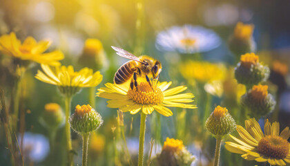 A busy bee buzzes among the bright yellow daisies, spreading pollen from the herbaceous plants as the warm sun shines down on the peaceful field in the midst of spring 