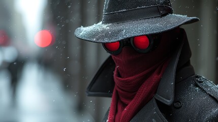 a masked man wearing a hat and scarf with red eyes and a scarf around his neck and a scarf around his neck. - obrazy, fototapety, plakaty