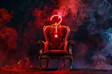 red velvet throne with golden elements with a neon question mark on the throne. Burning flames in the background, hot seat concept