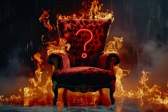 red velvet throne with golden elements with a neon question mark on the throne. Burning flames in the background, hot seat concept