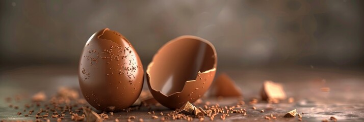 Chocolate Egg, Broken Open Easter Egg, Copy Space - obrazy, fototapety, plakaty