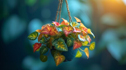 a close up of a plant hanging from a rope with a blue potted plant in front of a blurry background.