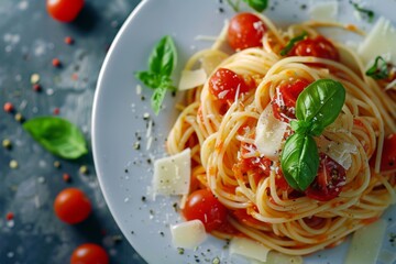 Classical italian spaghetti with tomatoes, tomato sauce, basil, milk mozzarella and parmesan cheese - obrazy, fototapety, plakaty