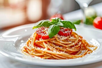 Classical italian spaghetti with tomatoes, tomato sauce, basil, milk mozzarella and parmesan cheese