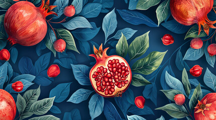seamless leaf and pomegranate pattern, blue background