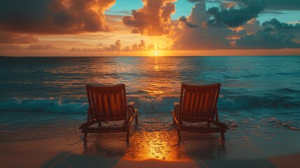 a couple of wooden chairs sitting on top of a beach next to the ocean with a sunset in the background.