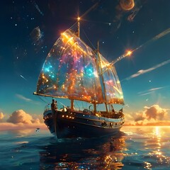 A luminous solar sailer its hull gleaming with golden