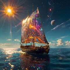 A luminous solar sailer its hull gleaming with golden