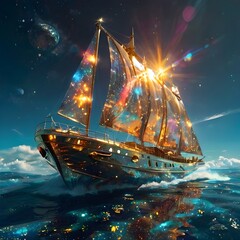 A luminous solar sailer its hull gleaming with golden