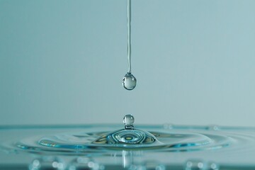 Water Droplet Falling from a Glass Pipette, Close-up image of a single, pristine water droplet suspended in mid-air - obrazy, fototapety, plakaty