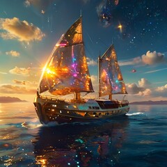 A luminous solar sailer its hull gleaming with golden