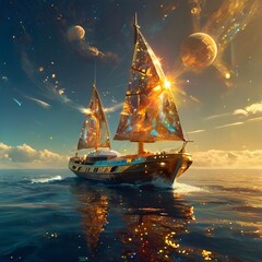 A luminous solar sailer its hull gleaming with golden