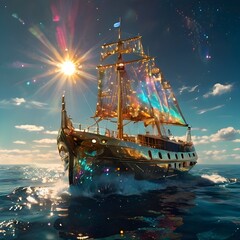 A luminous solar sailer its hull gleaming with golden