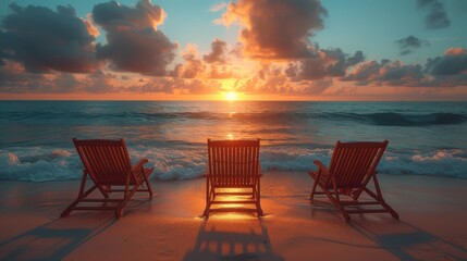a couple of wooden chairs sitting on top of a beach next to the ocean with a sunset in the background.
