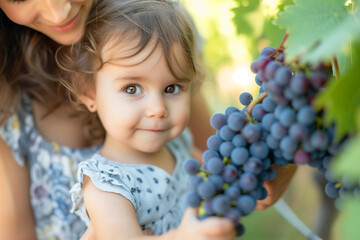 Portrait of cute little girl and her mother in vineyard