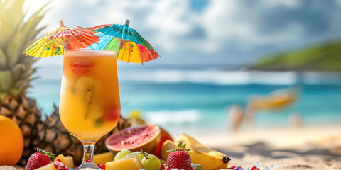 Tropical fruit cocktail adorned with a colorful umbrella on a sunny beach backdrop