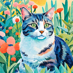 Close-up, pastel-colored, geometric schematic pretty sitting cat in a colored garden