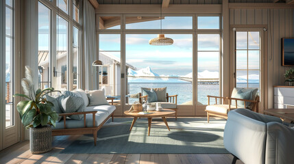 Scandinavian sea view living room in luxury house- 3D rendering