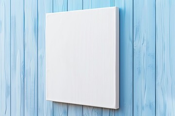 White canvas hanging on light blue wooden wall. Mockup, wall decor, blank canvas stretched on stretcher bar, side view 32k, full ultra hd, high resolution