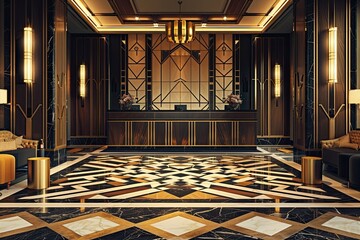 An art deco hotel reception with geometric patterns on the floor, bold, angular furniture, and lavish gold and black decor. The space is illuminated by elegant, vintage light fixtures. - Powered by Adobe