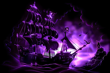 Glowing purple neon ghostly pirate ship sailing towards treasure island isotated on black background.
