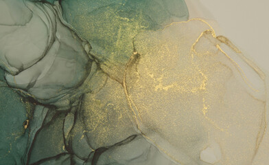 Art Abstract wave watercolor painting smoke blots. Beige, green, gold glitter background. Marble texture. Alcohol ink.