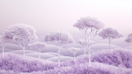 An Earth Day morning view with delicately paper-cut trees in misty lavender and mauve tones. - obrazy, fototapety, plakaty