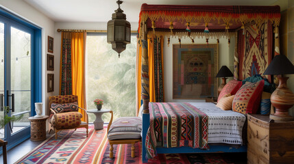 An eclectic and colorful master bedroom featuring boho-chic furnishings, a tapestry-draped canopy...